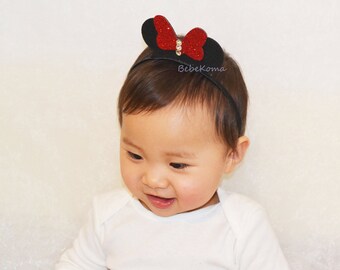 minnie mouse ears, mickey mouse ears, classic headband, red minnie mouse bow, red minnie mouse headband, minnie ears, mickey ears