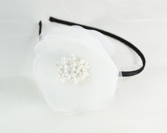 white flower headbandBaby flower headband, Crystal chiffon flower headband, Girls headband, Flower headband,  Flower girl headband