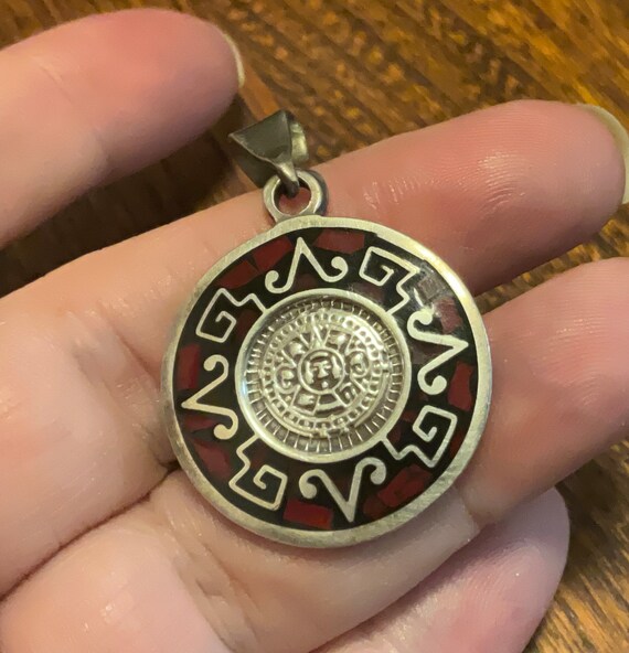 Sterling Silver, Aztec Calendar, Pendant, Red and… - image 2