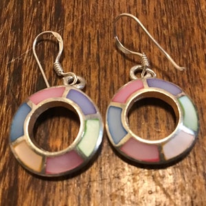 Sterling yellow blue pink shell inlaid earrings