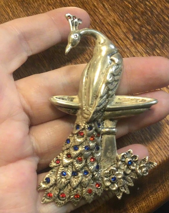 Sterling Silver THEDA Peacock Pin Brooch Blue Red… - image 1