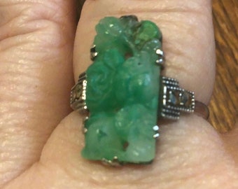Art deco carved jade sterling silver marcasite ring size 8