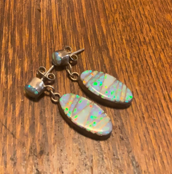 Sterling Silver Inlaid Opal Earrings Southwest Sty