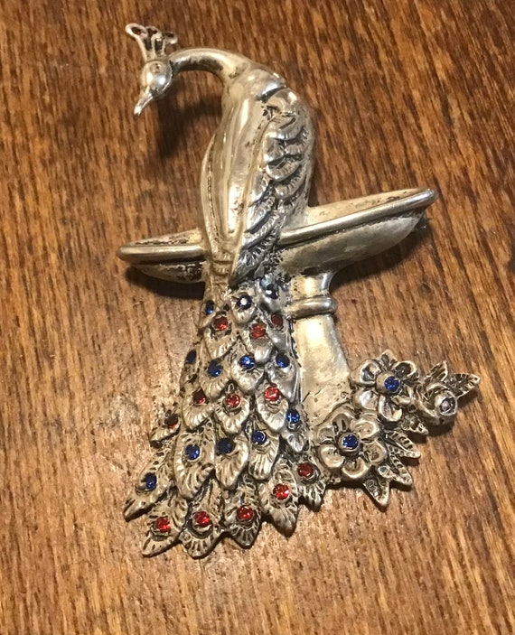 Sterling Silver THEDA Peacock Pin Brooch Blue Red… - image 4