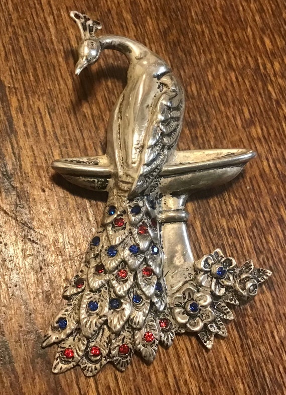 Sterling Silver THEDA Peacock Pin Brooch Blue Red… - image 3