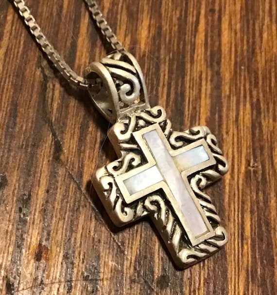 Cross - Vintage sterling mother of pearl cross an… - image 1