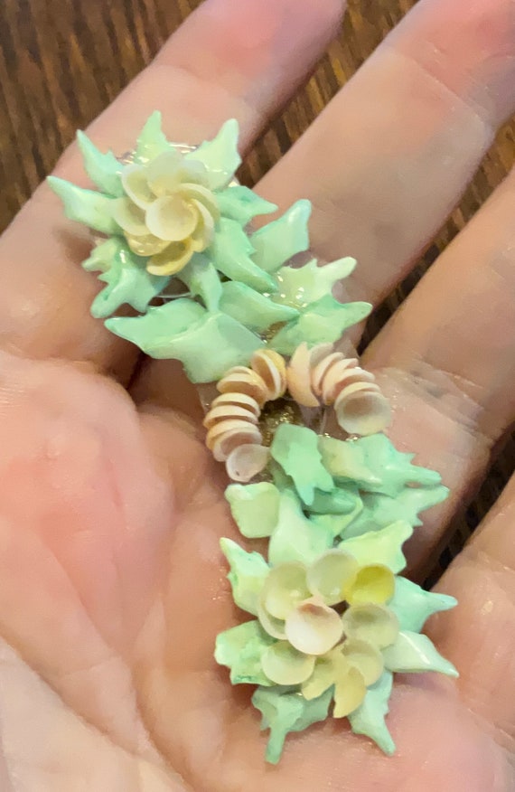 Vintage green and pink shell brooch