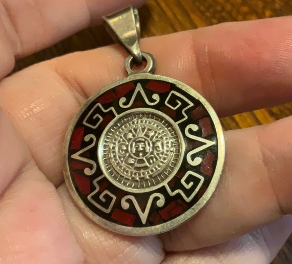 Sterling Silver, Aztec Calendar, Pendant, Red and… - image 4