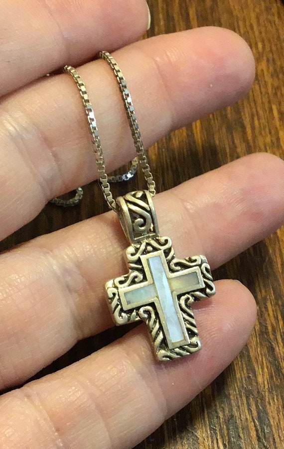 Cross - Vintage sterling mother of pearl cross an… - image 2