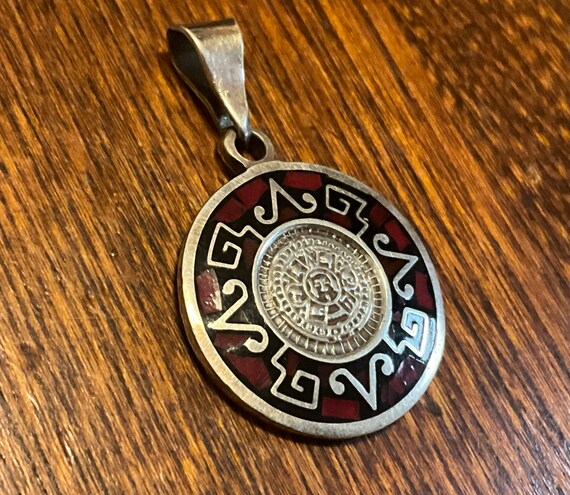 Sterling Silver, Aztec Calendar, Pendant, Red and… - image 3