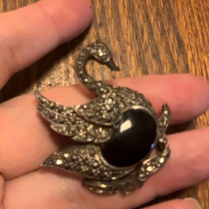 Sterling Silver Marcasite Black Onyx Swan Brooch Vintage.