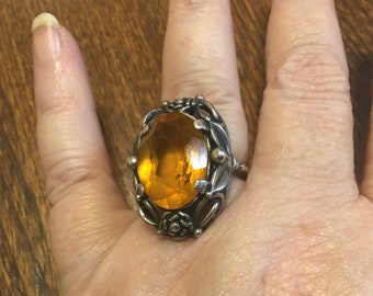 Guglielmo Cini Sterling Citrine stone or glass ring Art Deco Rare Size 7.5