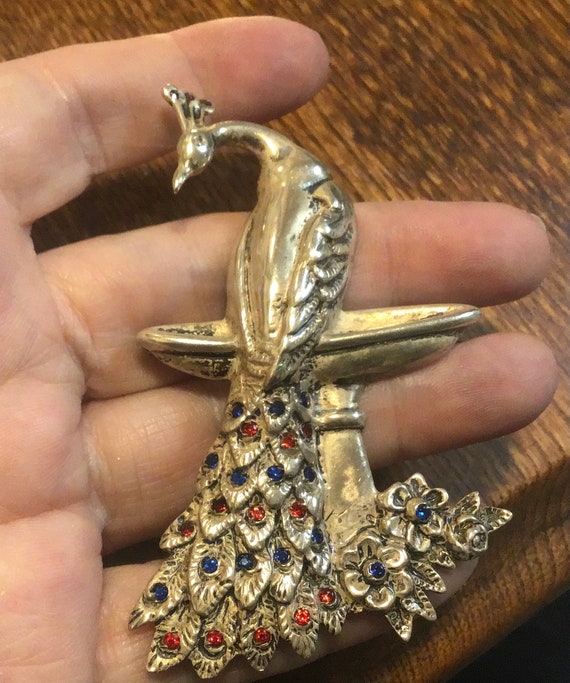 Sterling Silver THEDA Peacock Pin Brooch Blue Red… - image 2