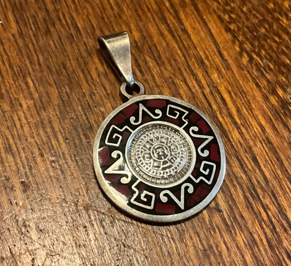 Sterling Silver, Aztec Calendar, Pendant, Red and… - image 6