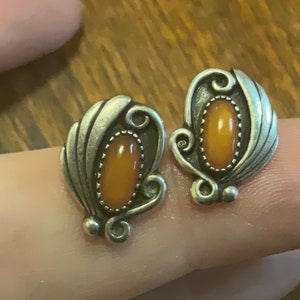 Navajo Orange Coral Sterling Stud, Earrings, Signed By The Artist