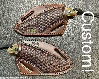CUSTOM Leather Pancake Sheath with Knife - Crossdraw Holster / Basketweave Dark Oil