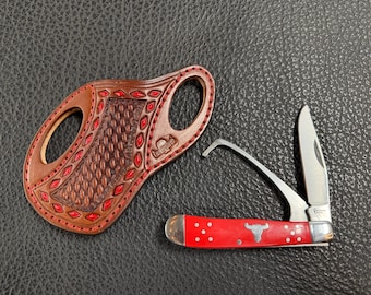 IN STOCK! - Folding Pocket Knife with Leather Pancake Sheath / Equestrian