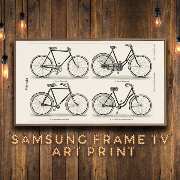 Samsung Frame TV Digital Art Print - Fahrrader 1 (1894) - black and white lithograph of different types of bicycles