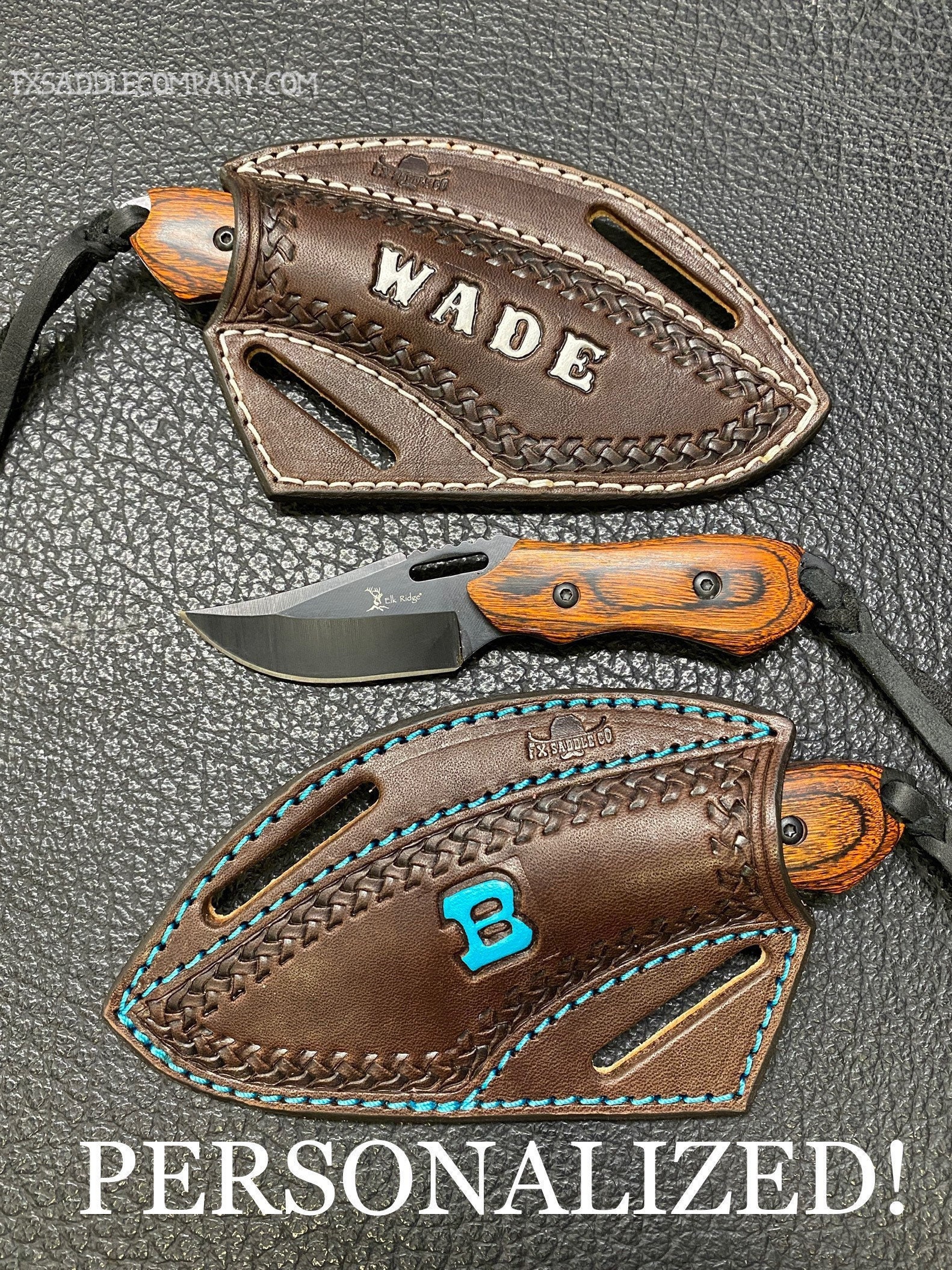 CUSTOM Pancake Knife Sheath with Wood Knife - Crossdraw Holster / Braided Dark Oil