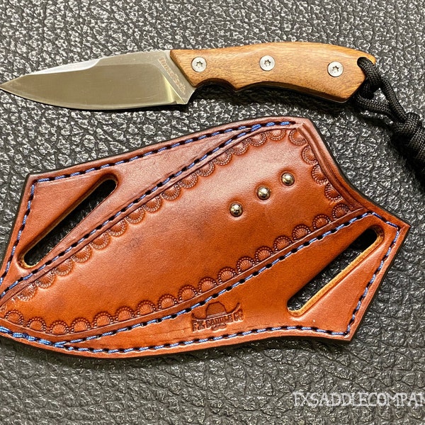 Funda de cuero EDC tipo panqueque con cuchillo de madera de 6" - Funda de extracción cruzada / Aceite mediano