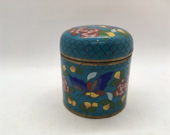 Green Cloisonn\u00e9 jewelry Trinket box with Cherry Blossom hand painted