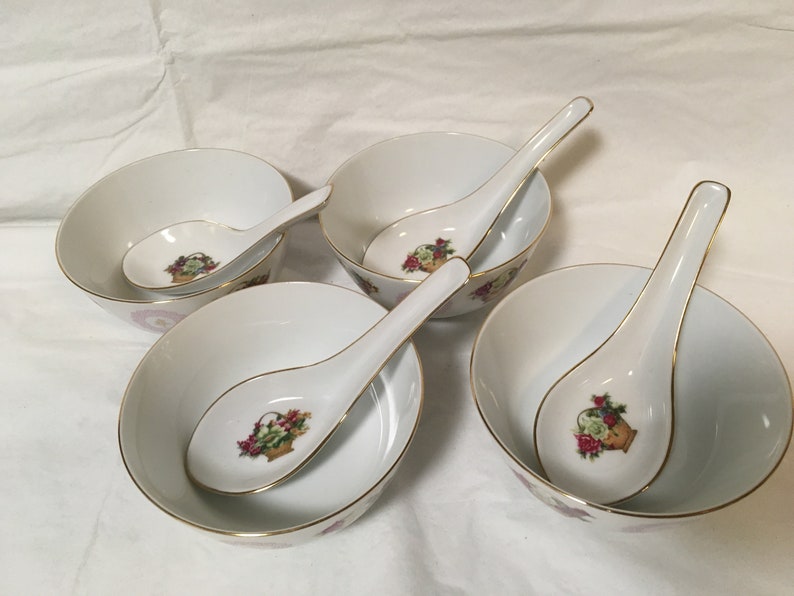 Liling China Porcelain Rice Bowls and Spoons Mums Roses in | Etsy