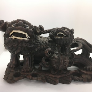 Antique Hand Carved Wooden Foo Dog Guardian with Pup