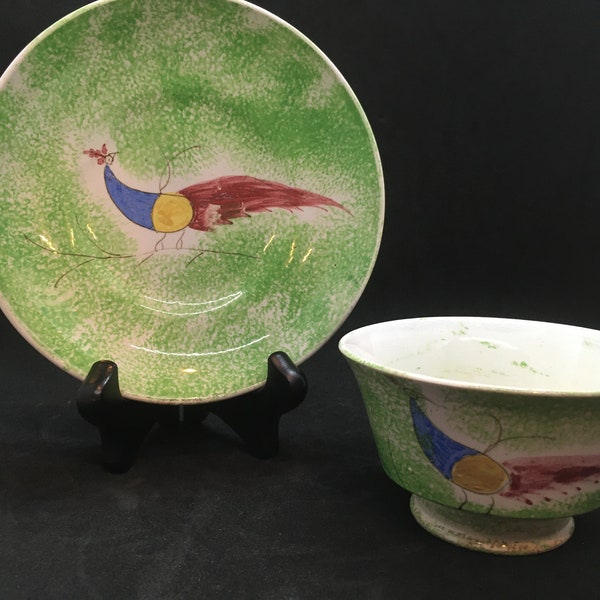 19th Century Staffordshire Green Spatterware Handleless Cup and Saucer Depicting Peafowl