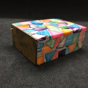 Small Vintage Multicolored Wood and Metal Box ~ Possible Inlay ~ 7/8&quot; x 2.5&quot; x 1.75&quot;