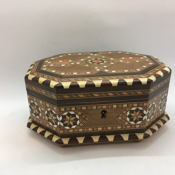 Vintage Marquetry Inlaid Wood Jewelry Trinket Box