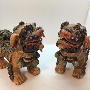 Antique Qing Dynasty Chinese Ceramic Pottery Foo Dogs Temple Guards ~ 5.25&quot; Tall