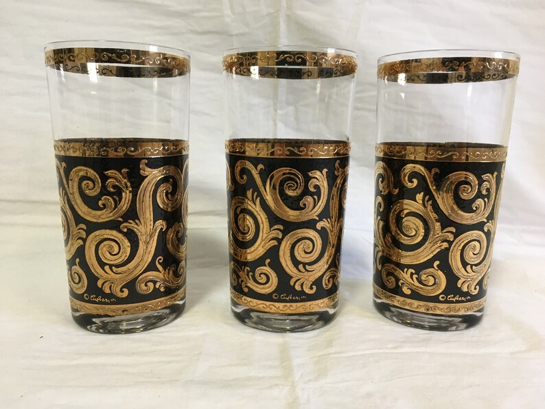 Culver Black 22K Gold Highball Drinking Glasses 1960s 3 Total ~ MCM Vintage Culver Bar Glasses