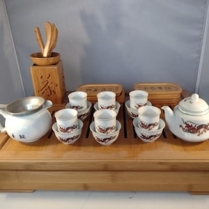 Traditional Fine Porcelain Chinese Tea Set ~ Dragon Design ~ Bamboo Base Box and Accessories