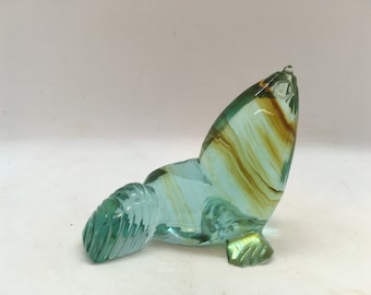 Art Glass Seal Figurine ~ Green and Amber Glass Seal ~ Possibly Murano (M1)