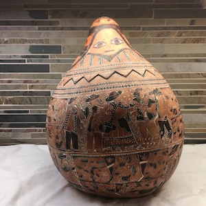 Large Hand Carved Peruvian Gourd Depicting Daily Life ~ Peru Folk Art Gourd ~ 15.5&quot; Tall (M1)