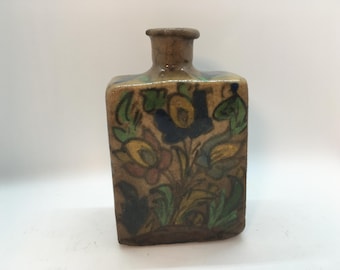 Antique Iznik Pottery Flask: Persian/Turkish Floral Bottle (1700s-1800s) (M1)