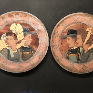 Two Wooden Plates made by Quimper Artist Yvon Depicting French Breton couples in traditional costumes ~ 1930s