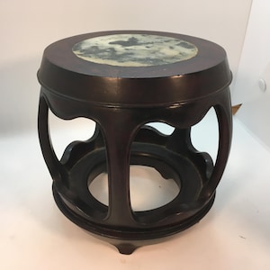 Vintage Asian Drum Shaped Wood Tabletop Vase Stand with Marble Insert ~ 6.25&quot; Tall