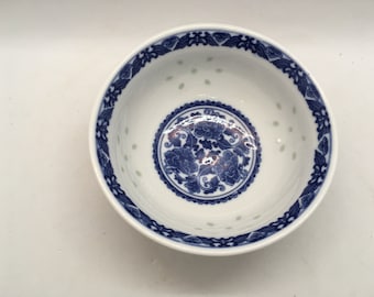 Vintage Chinese Porcelain Blue and White Rice Grain Pattern Rice Bowl Floral Design ~ MULTIPLE AVAILABLE