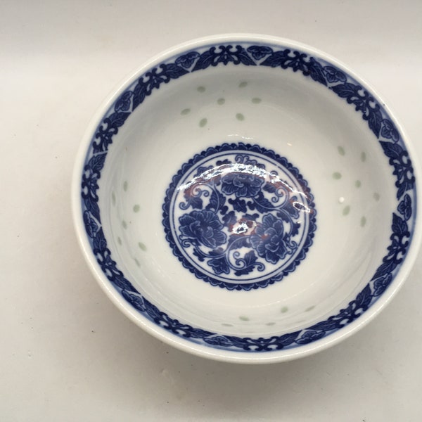 Vintage Chinese Porcelain Blue and White Rice Grain Pattern Rice Bowl Floral Design ~ MULTIPLE AVAILABLE