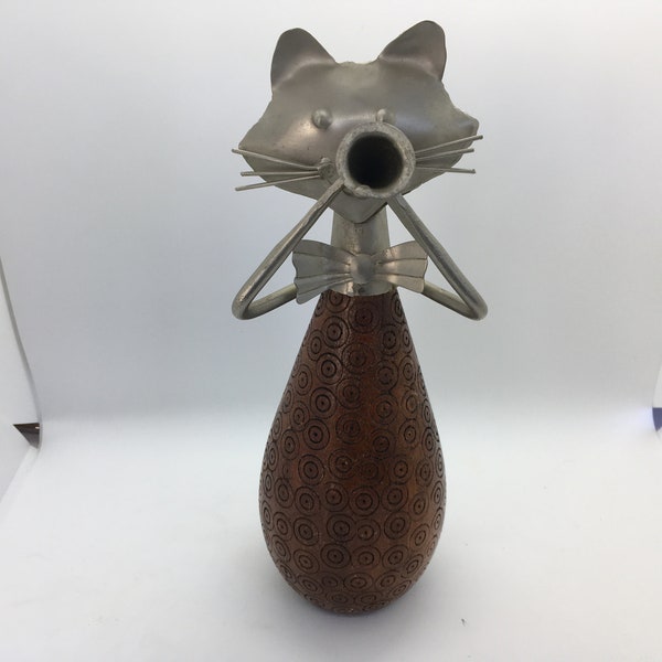 Vintage Wood and Metal Jazz Cat Trumpet Player ~ Feline Sculpture