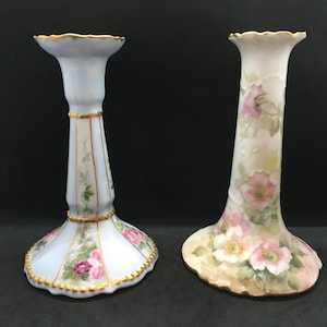 Antique Limoges Candlestick Holders (Elite Limoges and H&C Limoges France) ~ Mismatched Pair ~ AS IS
