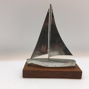 Folk Art Nickle Silver Yacht on Wood Base ~ Signed &quot;Made for Jane 1955&quot; ~ Artist: Daniel &quot;Danny Boy&quot; McLean Fulton (1900 – 1984) (J1)