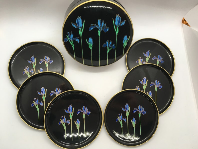 Otagiri Japanese Blue Iris Black Lacquerware/plastic Coasters Etsy