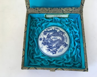 Chinese Dragon Porcelain Red Ink Seal Paste Box with Silk Storage Box ~ 1980s