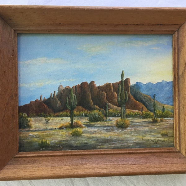 Original Framed Oil on Board Western Desert Scene (Tucson Arizona) ~ Clay Yeazell 1966 ~ Mountains Saguaro Cactus