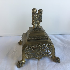 Antique Asian Style Brass Inkwell with Insert ~ 4.25&quot; x 3.75&quot; x 3.75&quot;