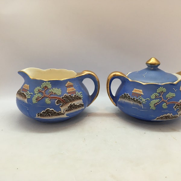 Japanese Moriyama Mori-Machi Blue Moriage Porcelain Creamer and Sugar Dish ~ Traditional Landscape Scene