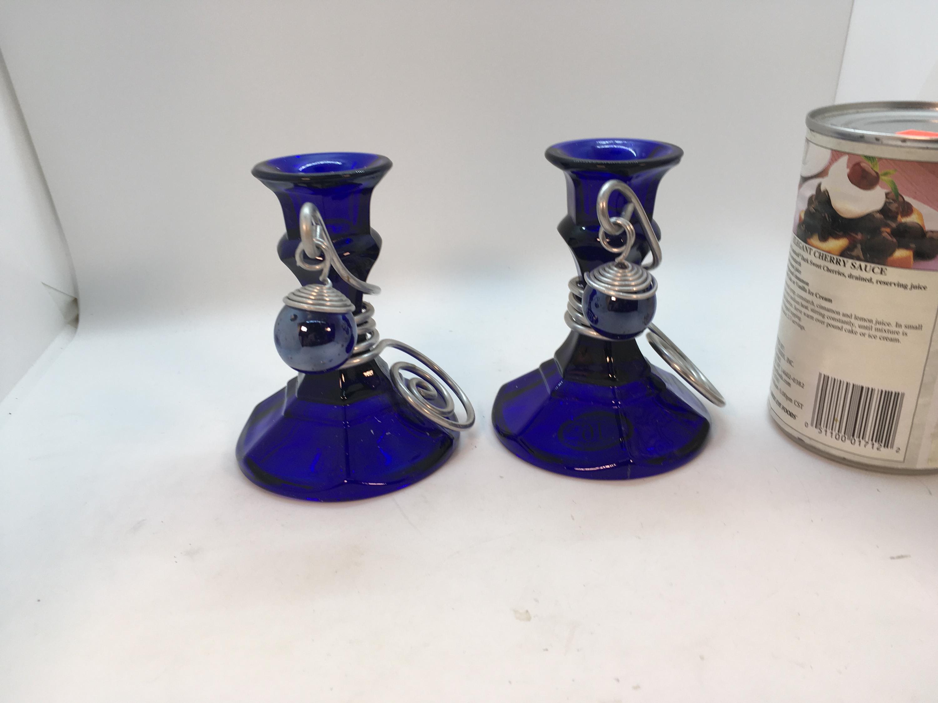 ヴィンテージ コバルトブルー ガラスとメタルのキャンドルホルダー