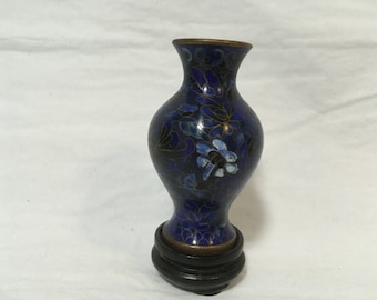 Vintage Chino Cloisonne Jarrón Azul Miniatura 3"Alto ~ Base de Madera